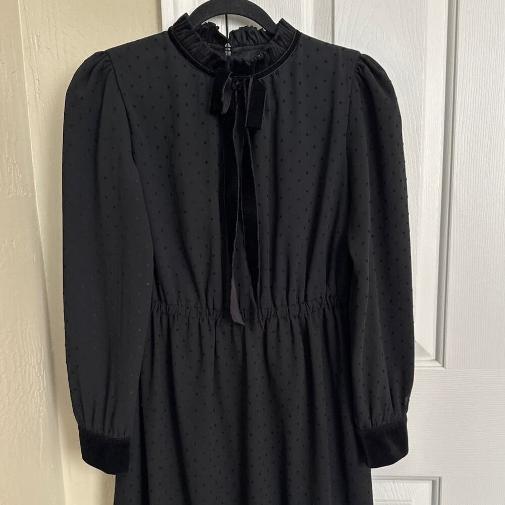 Nueces Spain Black Swiss Dot Dress Velvet Trim Bow Accent Size Small